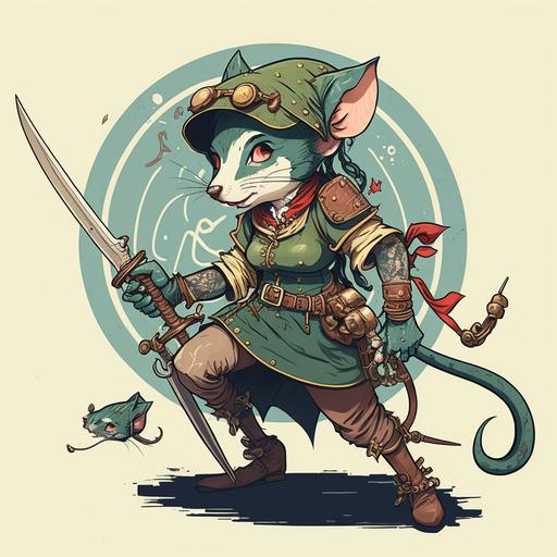 quirky female elf, ranger, wielding a rapier, scout, rat loving, cartoon style