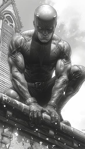 Daredevil crouching on the church roof, dynamic poses, inking, hand-drawn comics, by Frank Cho --ar 4:7 --stylize 750 --v 6.0