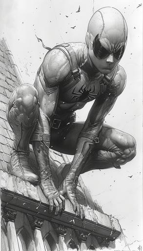 Daredevil crouching on the church roof, dynamic poses, inking, hand-drawn comics, by Frank Cho --ar 4:7 --stylize 750 --v 6.0