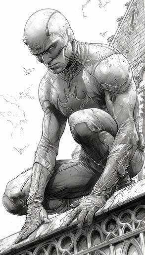 Daredevil crouching on the church roof, dynamic poses, inking, hand-drawn comics, by Frank Cho --ar 4:7 --stylize 750 --v 6.0