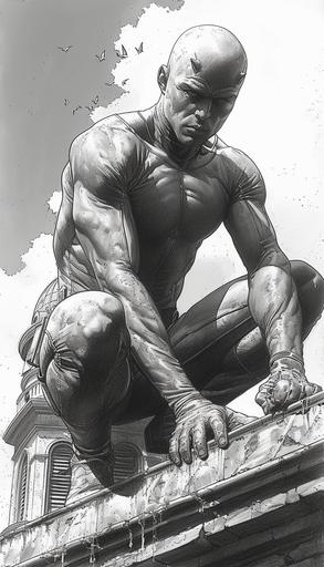 Daredevil crouching on the church roof, dynamic poses, inking, hand-drawn comics, by Frank Cho --ar 4:7 --stylize 750 --v 6.0