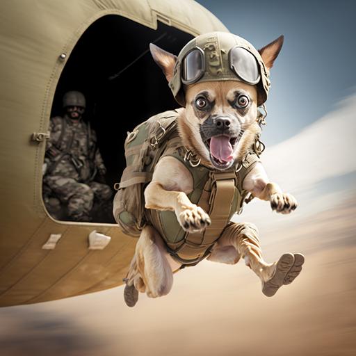 a chihuahua jumping from a C-17 with a parachute in Army Uniform