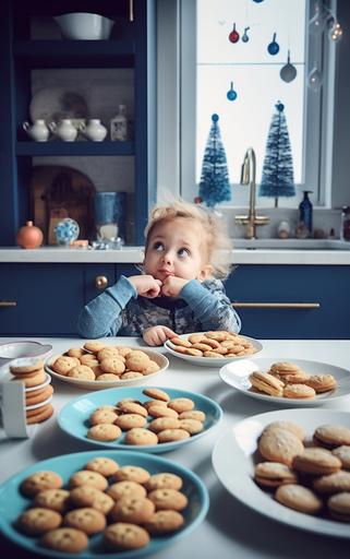 editorial style photo, eye level, scandinavean bright kitchen counter top, several plates of christmas cookies, each plate is piled high with cookies, child at counter laughing and happy, child is wearing blue, shot on Agfa Vista 200, 4k --ar 10:16 --v 5