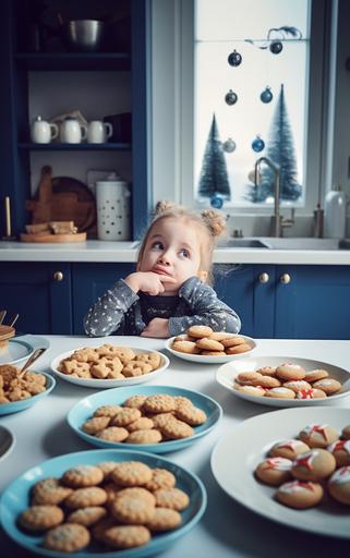 editorial style photo, eye level, scandinavean bright kitchen counter top, several plates of christmas cookies, each plate is piled high with cookies, child at counter laughing and happy, child is wearing blue, shot on Agfa Vista 200, 4k --ar 10:16 --v 5