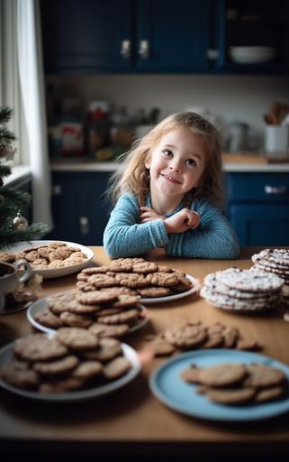 editorial style photo, eye level, scandinavean bright kitchen counter top, several plates of christmas cookies, each plate is piled high with cookies, child at counter laughing and happy, child is wearing blue, shot on Agfa Vista 200, 4k --ar 10:16 --v 5