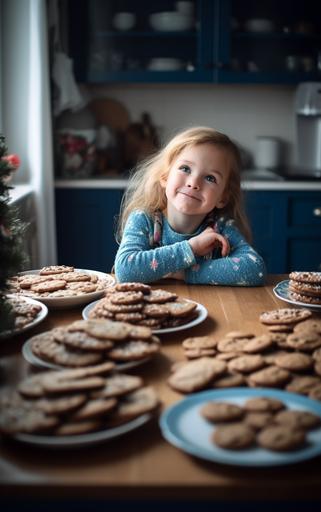 editorial style photo, eye level, scandinavean bright kitchen counter top, several plates of christmas cookies, each plate is piled high with cookies, child at counter laughing and happy, child is wearing blue, shot on Agfa Vista 200, 4k --ar 10:16 --v 5