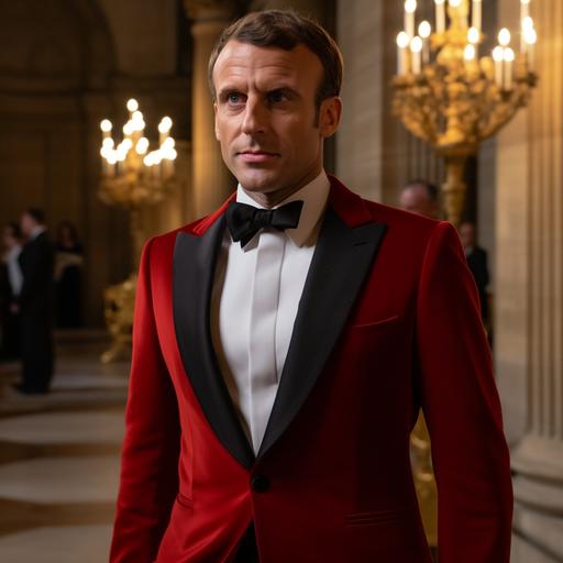 Emmanuel Macron avec une robe rouge de soirée --s 750 --v 5 --q 2