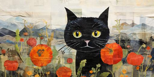 : Eric Carle ,children book illustration , design a cute black cat with big head and smal nose and long wispers Collage newspaper with water color teknique,Collage technique Collage newspaper white back ground pumkin Landscape,8k, --ar 2:1