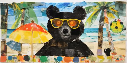 : Eric Carle ,children book illustration , design a cute funny bear with big head and sun glasses on the beach laying on mat Collage newspaper with water color teknique,Collage technique Collage newspaper white back ground sun ambrella Landscape,8k, --ar 2:1