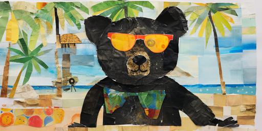 : Eric Carle ,children book illustration , design a cute funny bear with big head and sun glasses on the beach laying on mat Collage newspaper with water color teknique,Collage technique Collage newspaper white back ground sun ambrella Landscape,8k, --ar 2:1