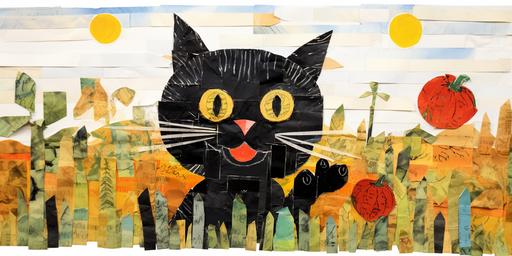 : Eric Carle ,children book illustration , design a cute black cat with big head and smal nose and long wispers Collage newspaper with water color teknique,Collage technique Collage newspaper white back ground pumkin Landscape,8k, --ar 2:1