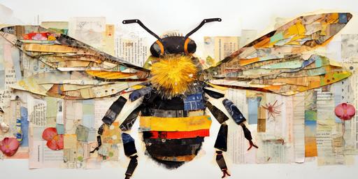 : Eric Carle ,children book illustration , design a very fat cute funny bumble bee with big body and small wings wears snikers for children story book close up Collage text newspaper with water color teknique,Collage technique Collage newspaper, white back ground Landscape,8k, --ar 2:1
