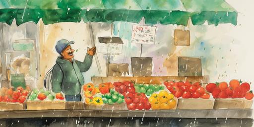 : Eric Carle ,children book illustration , water color teknique ,various poses and expressions of A frut seller angry man close up to face outside the tomato and fruit Vegetables and tomatoes outside of the fruit shop , Fruit shop next to green and city rainy day Big tomatoes in front of the shop ,withe background,splash paintig,2d,,happy ,Eric Carle illustration stye ,minimal , Landscape,8k, --ar 2:1
