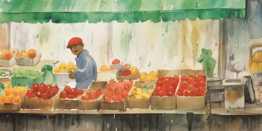 : Eric Carle ,children book illustration , water color teknique ,various poses and expressions of A frut seller angry man close up to face outside the tomato and fruit Vegetables and tomatoes outside of the fruit shop , Fruit shop next to green and city rainy day Big tomatoes in front of the shop ,withe background,splash paintig,2d,,happy ,Eric Carle illustration stye ,minimal , Landscape,8k, --ar 2:1