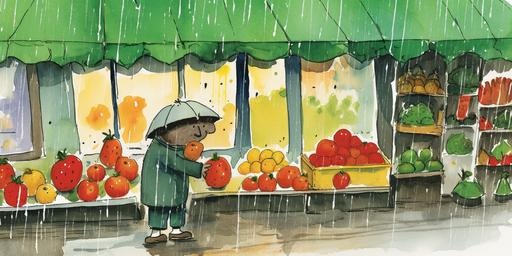 : Eric Carle ,children book illustration , water color teknique ,A frut seller angry man close up to face outside the tomato and fruit Vegetables and tomatoes outside of the fruit shop , Fruit shop next to green and city rainy day Big tomatoes in front of the shop ,withe background,splash paintig,2d,,happy ,Eric Carle illustration stye ,minimal , Landscape,8k, --ar 2:1