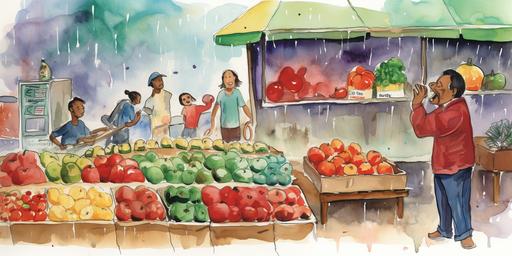 : Eric Carle ,children book illustration , water color teknique ,various poses and expressions of A frut seller angry man close up to face illustration for children outside the tomato and fruit Vegetables and tomatoes outside of the fruit shop , Fruit shop next to green and city rainy day Big tomatoes in front of the shop ,withe background,splash paintig,2d,,happy ,Eric Carle illustration stye ,minimal , Landscape,8k, --ar 2:1