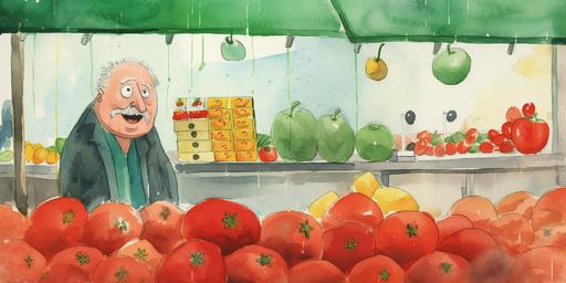 : Eric Carle ,children book illustration , water color teknique ,A frut seller angry man close up to face outside the tomato and fruit Vegetables and tomatoes outside of the fruit shop , Fruit shop next to green and city rainy day Big tomatoes in front of the shop ,withe background,splash paintig,2d,,happy ,Eric Carle illustration stye ,minimal , Landscape,8k, --ar 2:1