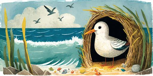 : Eric Carle ,children book illustration ,splash painting,childish, water color teknique,Collage technique ,see side,Seagull chick in the nest ,Seagull ,wood ,withe background,splash paintig,2d,,happy ,Eric Carle illustration stye ,minimal , Landscape,8k, --ar 2:1