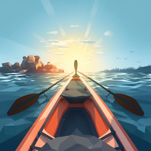 First-person view of kayak rowing, two hands holding oars are seen in front of sight, ocean, 3D low poly game scene, clean, bright, minimalist