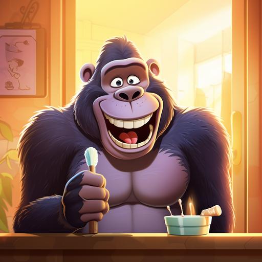 Gorilla brushes his teeth. cartoon style