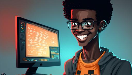 : Young male Blockchain developer working on a new ethereum application, computer, simplicity, aged between 18 to 40, cartoon, nerd, potential, amazed, happy, smiling, colorful, working, black guy, cool guy, skinny, glasses, burst, --ar 16:9 --v 4