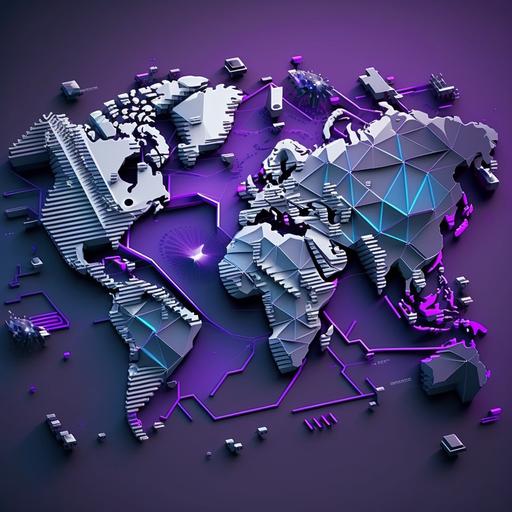 3D flat world map background with technology elements and atirficial intelligence conections, use colors blue, violet and gray