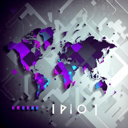 background with flat world map with technology theme and conections elements, use colors blue, violet and gray