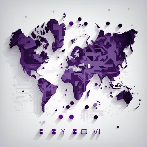 background with flat world map with technology theme and elements, use colors blue, violet in elements and gray