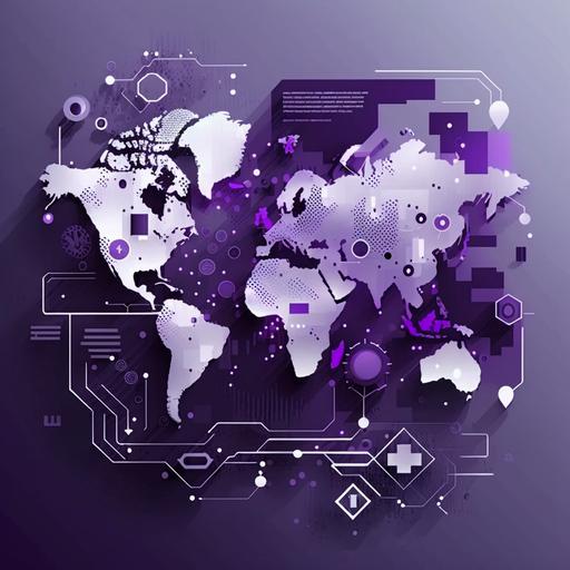 flat world map background with technology elements and atirficial intelligence conections, use colors blue, violet and gray