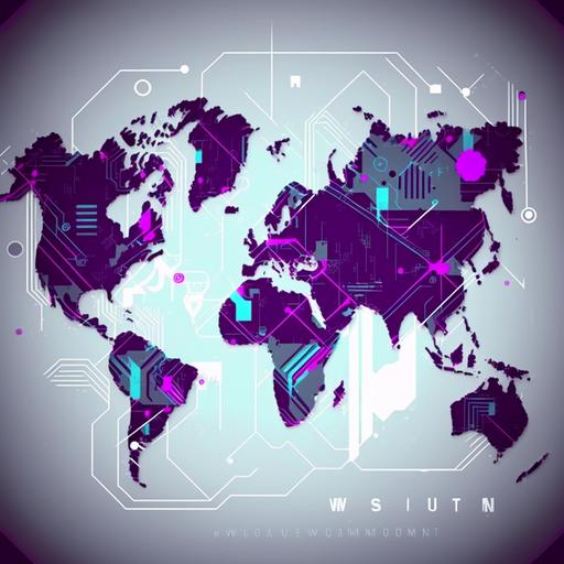 flat world map background with technology elements and atirficial intelligence conections, use colors blue, violet and gray