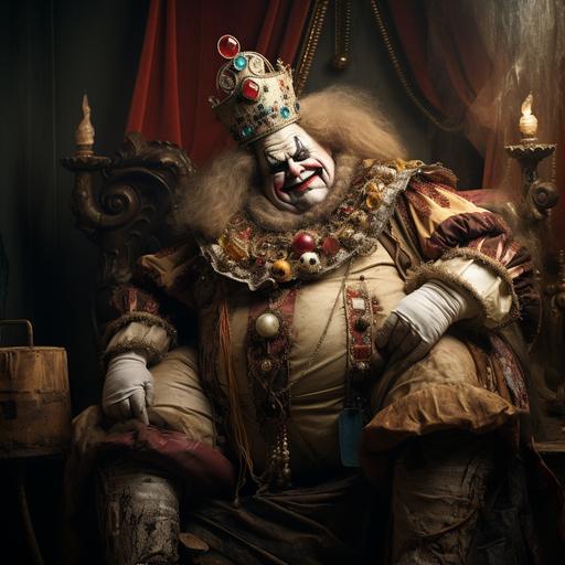 High resolution, high definition, photorealistic image of the insane grotesquely obese king of clowns wearing an old rusty crown. dirty, diseased, decaying, sores, long rotten teeth, drool, sitting on a raised damaged old throne, his decaying toes coming out of his large dirty clown shoes, in a dark dusty circus tent, filthy floor, dirty decaying clowns holding cotton candy standing around him in the shadows, creepy atmosphere