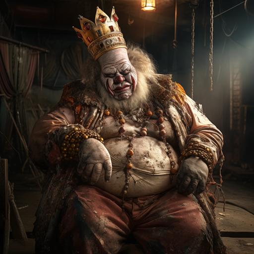 High resolution, high definition, photorealistic image of the insane grotesquely obese king of clowns wearing an old rusty crown. dirty, diseased, decaying, sores, long rotten teeth, drool, sitting on a raised damaged old throne, his decaying toes coming out of his large dirty clown shoes, in a dark dusty circus tent, filthy floor, dirty decaying clowns holding cotton candy standing around him in the shadows, creepy atmosphere