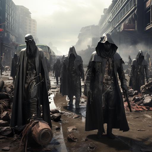 High resolution, high detail, photorealistic image of 2 dirty plague doctors wearing old hats and tattered trench coats, walking down a modern muddy city street, hundreds of dirty thin people wearing tattered clothes sitting in the street, in the background are dirty angels wearing torn armor with very large machine guns, in the distance is a gigantic super massive futuristic military tank, in a modern damaged muddy city