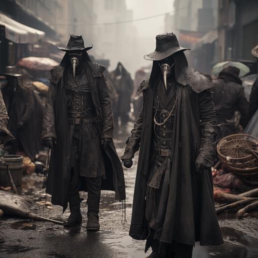 High resolution, high detail, photorealistic image of 2 dirty plague doctors wearing old hats and tattered trench coats, walking down a modern muddy city street, hundreds of dirty thin people wearing tattered clothes sitting in the street, in the background are dirty angels wearing torn armor with very large machine guns, in the distance is a gigantic super massive futuristic military tank, in a modern damaged muddy city