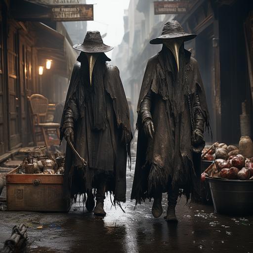 High resolution, high detail, photorealistic image of 2 dirty plague doctors wearing old hats and tattered trench coats and carrying thuribles, slowly walking down a modern muddy city street, wooden carts loaded with dirty bodies on the street, dirty thin people sit in the street