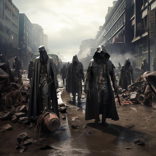 High resolution, high detail, photorealistic image of 2 dirty plague doctors wearing old hats and tattered trench coats, walking down a modern muddy city street, hundreds of dirty thin people wearing tattered clothes sitting in the street, in the background are dirty angels wearing torn armor with very large machine guns, in the distance is a gigantic super massive futuristic military tank, in a modern damaged muddy city