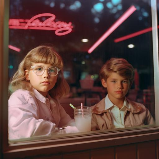 Hyper realistic, photography shot through an outdoor window of a coffee shop with neon sign lighting, window glares and reflections, depth of field, 2 kids in a 1980s style clothes with milkshakes in their hand sitting at a table, portrait, 1980s style Kodak portrait 800, 105mm f1.8 — ar 2:1 — v 5