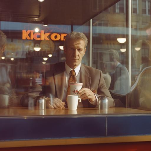 Hyper realistic, photography shot through an outdoor window of a coffee shop with neon sign lighting, window glares and reflections, depth of field, Kevin Keegan in a suit with a cup of coffee in his hands sitting at a table, portrait, Kodak portrait 800, 105mm f1.8 — ar 2:1 — v 5