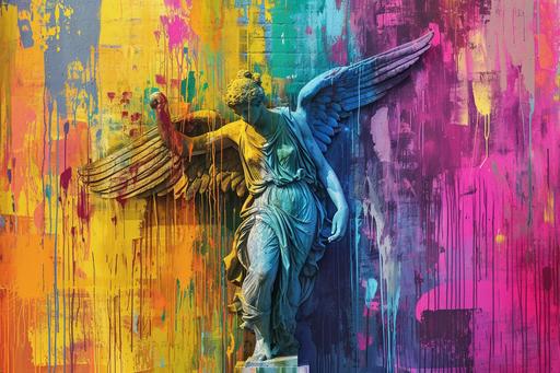 Icarus escape the labyrinth, Classical Greek motif graffiti in vibrant rainbow colors, dripping paint, paint splatter, photorealistic --ar 3:2 --style raw --v 6.0