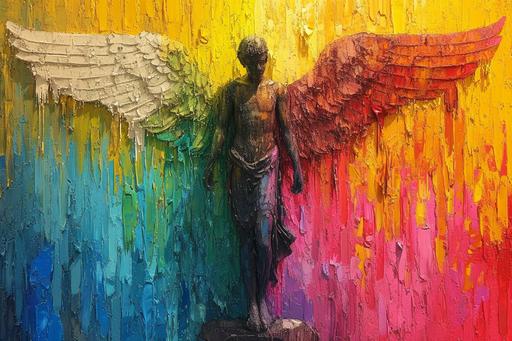 Icarus escape the labyrinth, Classical Greek motif graffiti in vibrant rainbow colors, dripping paint, paint splatter, photorealistic --ar 3:2 --style raw --v 6.0 --s 666