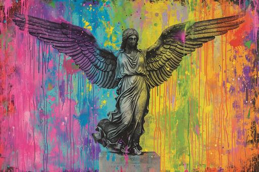 Icarus escape the labyrinth, Classical Greek motif graffiti in vibrant rainbow colors, dripping paint, paint splatter, photorealistic --ar 3:2 --style raw --v 6.0