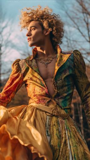 🎨 Imagined by hawaiianbuilt1 🃏 ::0 fashion photography of a blond curly-haired hapa blasian male model modeling a tectonicfunk gown in a bucolic setting, dynamic lighting, sidelit, global illumination, unsplash, intricate details, ultra-detailed, vivid colors, tetradic colors, --ar 9:16 --s 750 --c 4 --repeat 2 --v 5.1