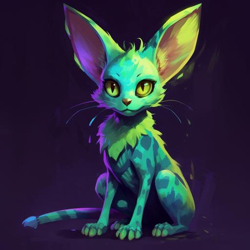 full body shot, fluorescent purple green cyan serval character, cartoon anime 2D illustration oil painting, artstation or daily deviation quality, large anime eyes