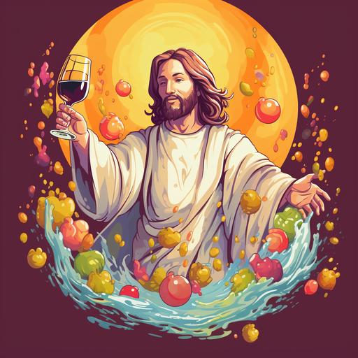 Jesus turning water into wine colorful cartoon
