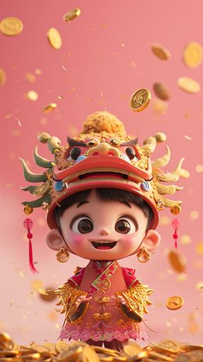 Korean animated character Zanmang Loopy, wearing a cute Chinese dragon hat, super cute, super happy, pink background, Gold coins dropped from the sky, OC render style, HDsmooth --ar 9:16 --v 6.0