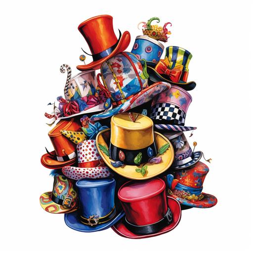 Many hats of different types. White background. For example: a policeman's hat. Clown hat. sombrero hat Jewish hat. baby hat a cook's hat. A queen's crown. And more... entertaining illustrations. colourful. three dimensional. mixed. Inspiring.