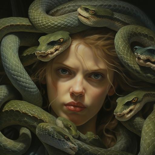 Medusa, detail of the gaze, three realistic snake heads