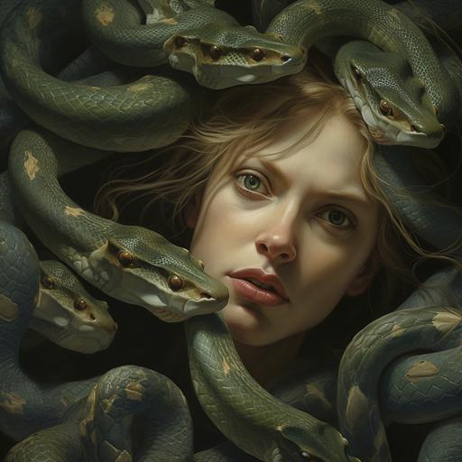 Medusa, detail of the gaze, three realistic snake heads