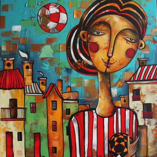Miro style painting of red light district with lady in red and white striped football jersey holding a football ball
