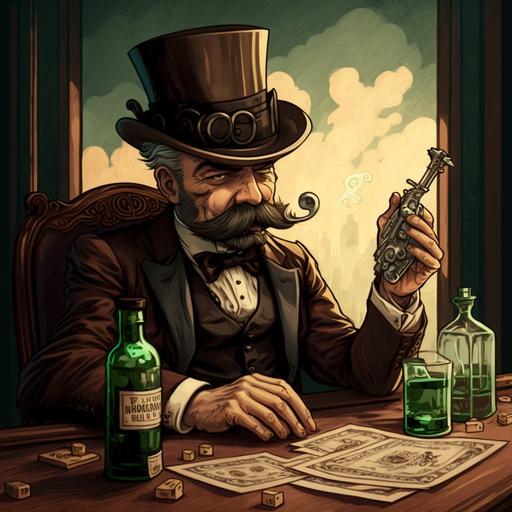 Monopoly portrait, hold glass of whiskey, gun on the table, cartoon, --q 2